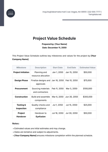 Free Project Value Schedule Template to Edit Online