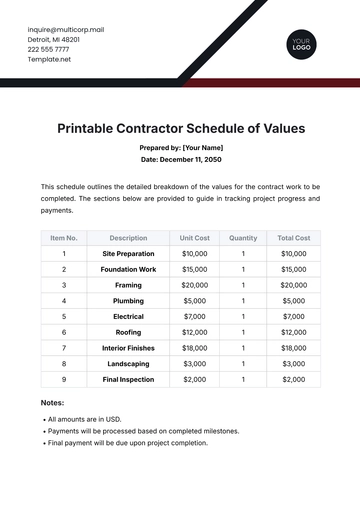 Free Printable Contractor Schedule of Values Template to Edit Online