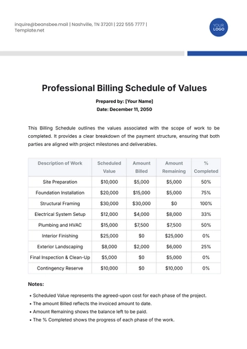 Free Professional Billing Schedule of Values Template to Edit Online
