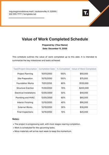Free Value of Work Completed Schedule Template to Edit Online