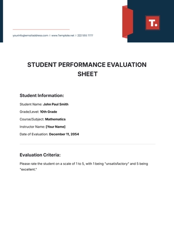Free Student Performance Evaluation Sheet Template to Edit Online