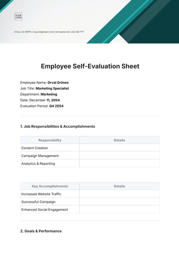 Free Employee Self-Evaluation  Sheet Template to Edit Online