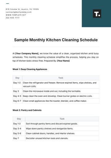 Free Sample Monthly Kitchen Cleaning Schedule Template to Edit Online