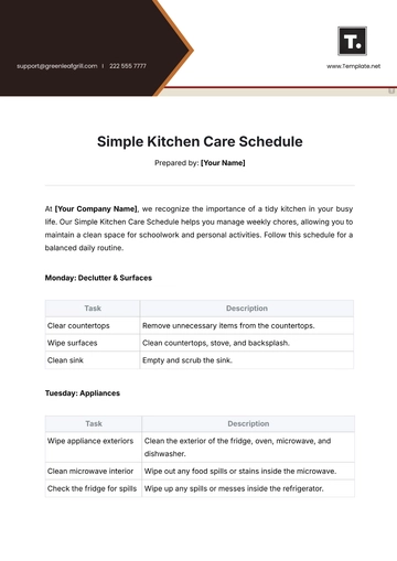 Free Simple Kitchen Care Schedule Template to Edit Online