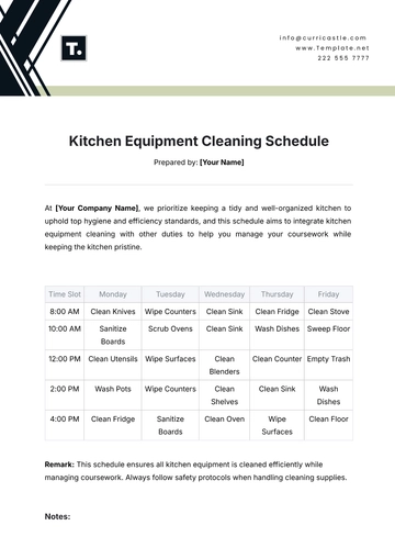 Free Kitchen Equipment Cleaning Schedule Template to Edit Online