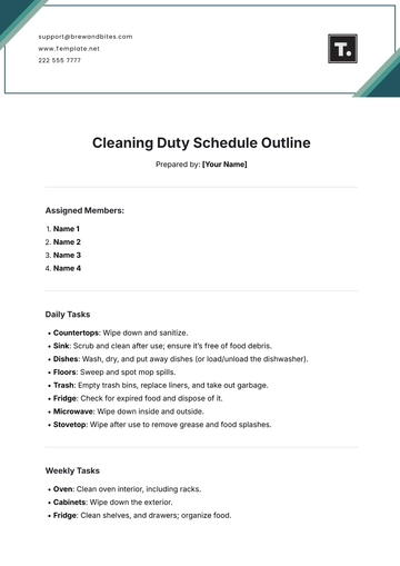 Free Cleaning Duty Schedule Outline Template to Edit Online