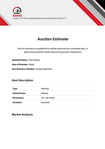 Free Auction Estimate Template to Edit Online