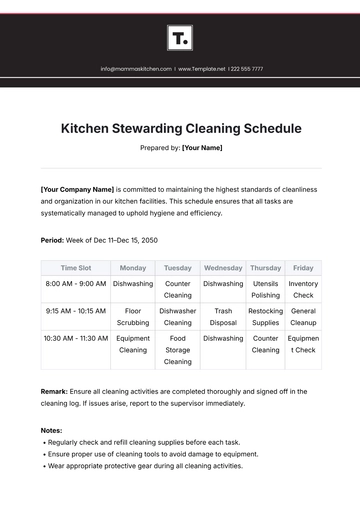 Free Kitchen Stewarding Cleaning Schedule Template to Edit Online