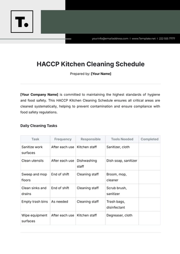 Free HACCP Kitchen Cleaning Schedule Template to Edit Online