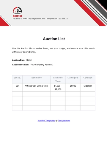 Free Auction List Template