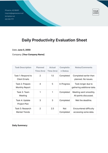 Free Daily Productivity  Evaluation Sheet Template to Edit Online