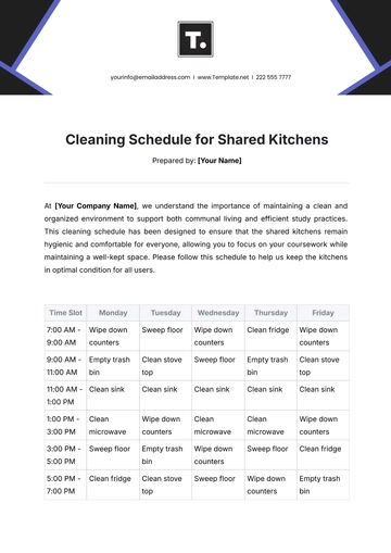 Free Cleaning Schedule for Shared Kitchens Template to Edit Online