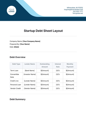 Free Startup Debt Sheet Layout Template to Edit Online