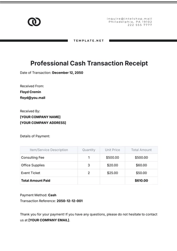 Free Professional Cash Transaction Receipt Template to Edit Online