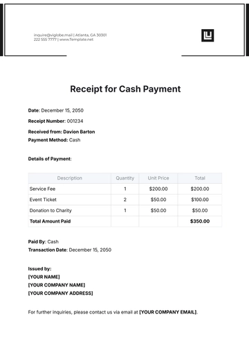 Free Receipt for Cash Payment Template to Edit Online