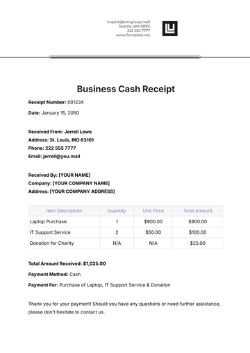 Free Business Cash Receipt Template to Edit Online