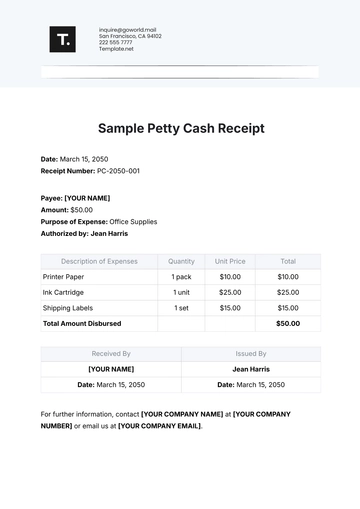 Free Sample Petty Cash Receipt Template to Edit Online