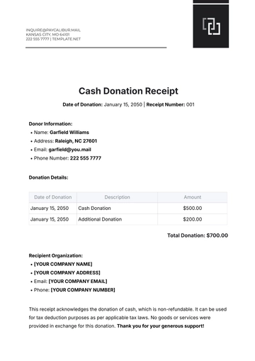 Free Cash Donation Receipt Template to Edit Online