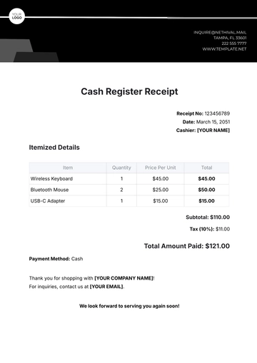 Free Cash Register Receipt Template to Edit Online