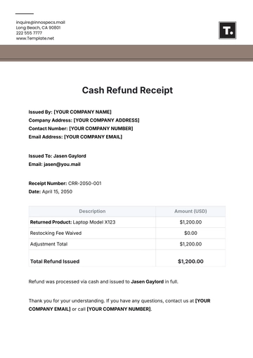 Free Cash Refund Receipt Template to Edit Online