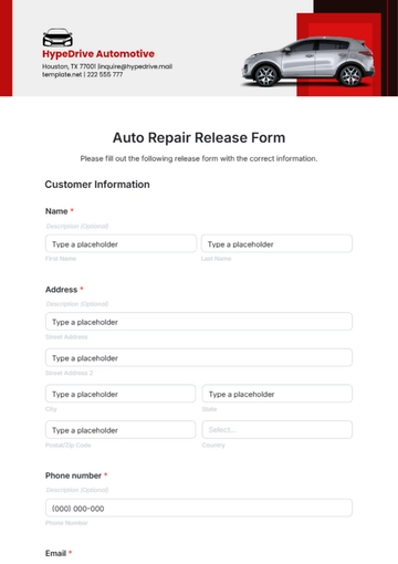 Free Auto Repair Release Form Template to Edit Online