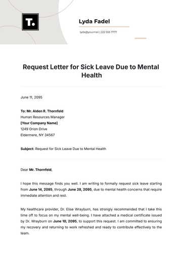 Free Request Letter for Sick Leave Due to Mental Health Template to Edit Online