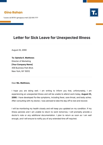 Free Letter for Sick Leave for Unexpected Illness Template to Edit Online