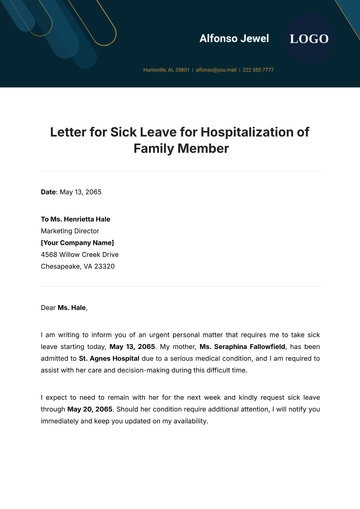 Free Letter for Sick Leave for Hospitalization of Family Member Template to Edit Online