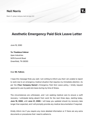 Free Aesthetic Emergency Paid Sick Leave Letter Template to Edit Online