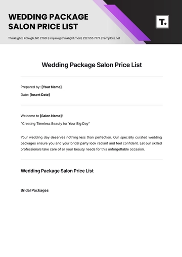 Free Wedding Package Salon Price List Template to Edit Online
