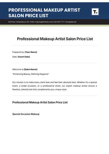 Free Professional Makeup Artist Salon Price List Template to Edit Online