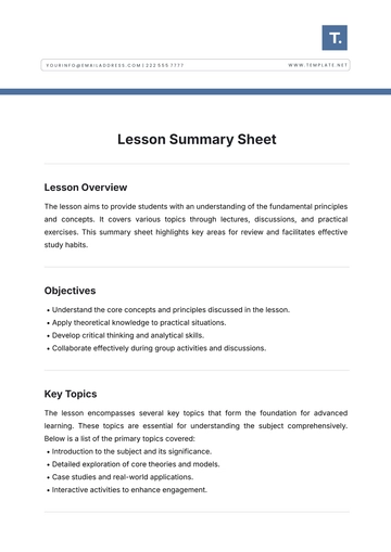 Free Lesson Summary Sheet Template to Edit Online
