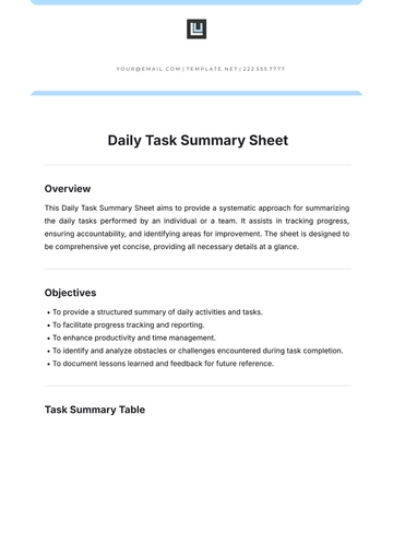 Free Daily Task Summary Sheet  Template to Edit Online