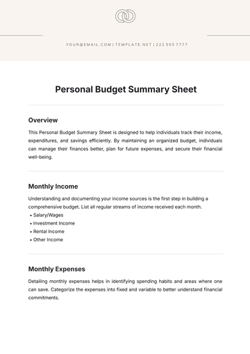 Free Personal Budget Summary Sheet  Template to Edit Online