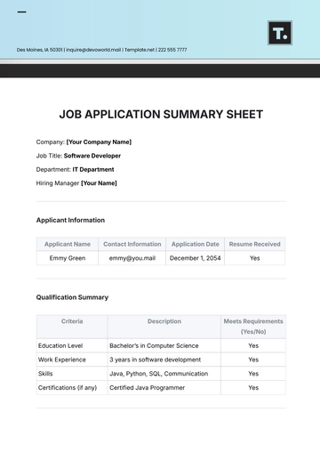 Free Job Application Summary Sheet Template to Edit Online