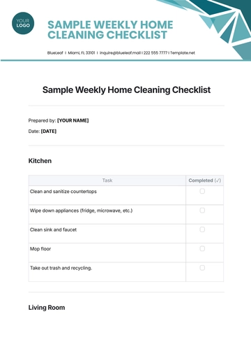 Free Sample Weekly Home Cleaning Checklist Template to Edit Online
