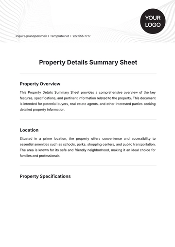 Free Property Details Summary Sheet Template to Edit Online