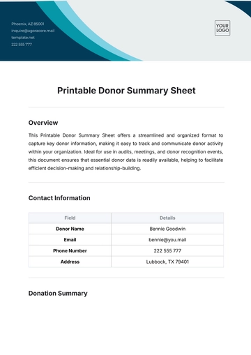 Free Printable Donor Summary Sheet Template to Edit Online