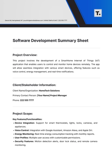 Free Software Development Summary Sheet Template to Edit Online