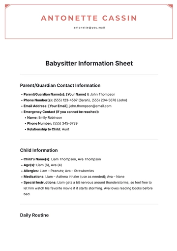 Free Babysitter Information Sheet Template to Edit Online