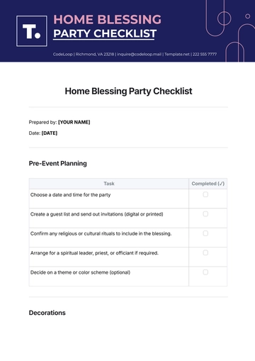 Free Home Blessing Party Checklist Template to Edit Online