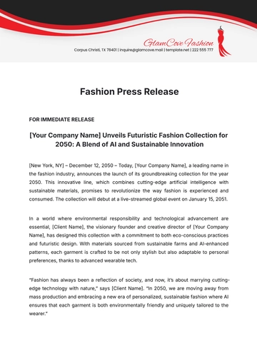 Free Fashion Press Release Template to Edit Online