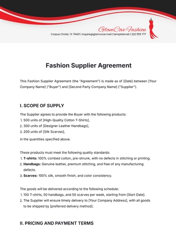 Free Fashion Supplier Agreement Template to Edit Online