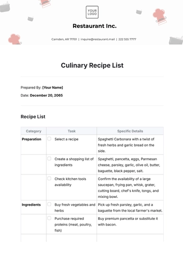 Free Culinary Recipe List Template