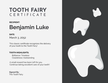 Free Black and White Tooth Fairy Certificate to Edit Online