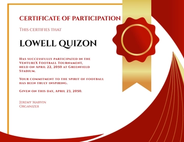 Free Red and White Football Certificate Template to Edit Online