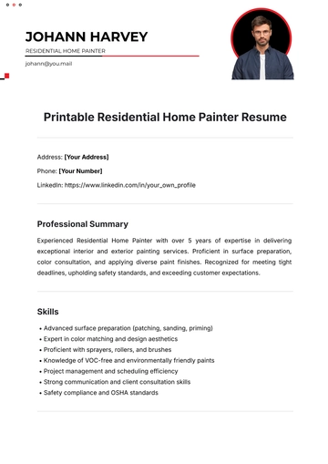 Free Printable Residential Home Painter Resume Template to Edit Online