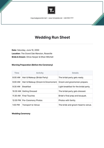 Free Wedding Run Sheet Template to Edit Online