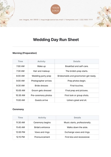 Free Wedding Day Run Sheet Template to Edit Online