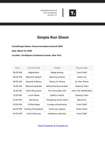 Free Simple Run Sheet Template to Edit Online